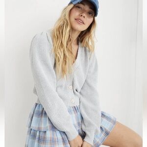 Aerie Puff Sleeve Cropped Cardigan Sweater in Gray 100% Cotton